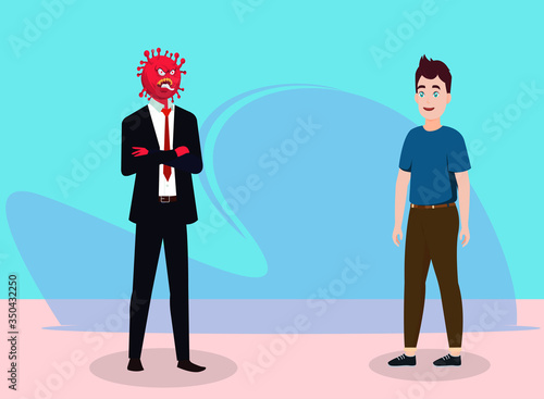 Vector illustration of corona virus as from of a man with a young boy