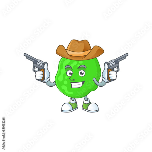 A masculine cowboy cartoon drawing of sarcina ventriculli holding guns
