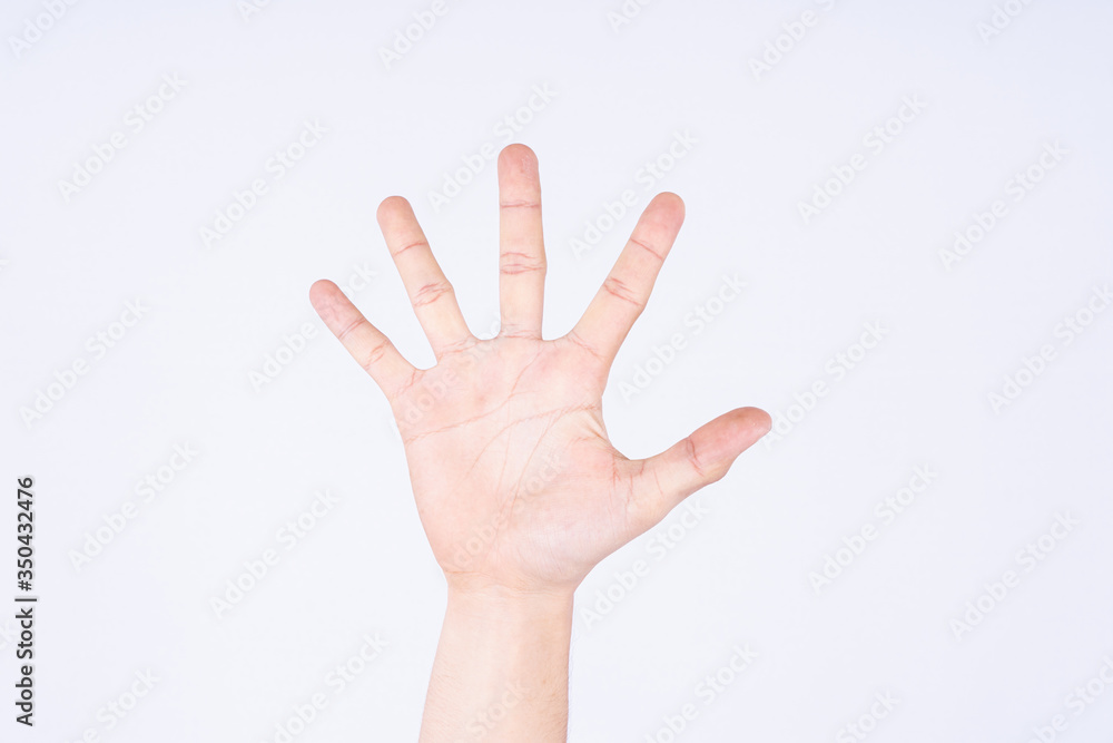 Open hand raised. No smoking on white isolated white background. World no tobacco day concept