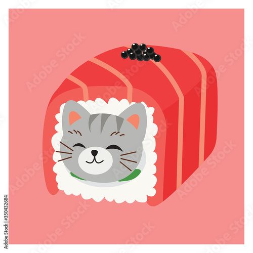 Illustrations of cute kitty cat in sushi,Japanese sushi rolls,Tuna roll with caviar.