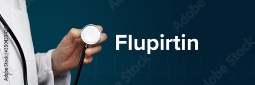 Flupirtin. Arzt (isoliert) hält Stethoskop in Hand. Begriff steht daneben. Ausschnitt vor blauem Hintergrund mit EKG. Medizin, Gesundheitswesen photo