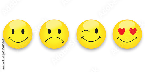 Face icon with a smile. Emoticon vector, smiley symbol. Buttons of happiness, sadness, love. Stock Photo.