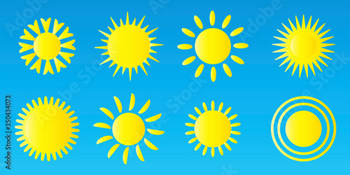 Icon of the yellow sun. Vector symbol of the abstract image of heat, heat, summer, sunlight. Stock Photo.