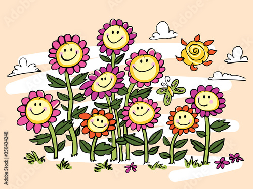 Vector yellow colourful cartoon sunflowers illustration. Suitable for greeting cards and wall murals.