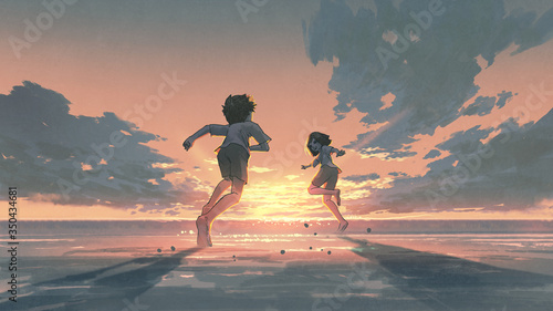 boy and girl running on the beach to see the sunrise on the horizon, digital art style, illustration painting