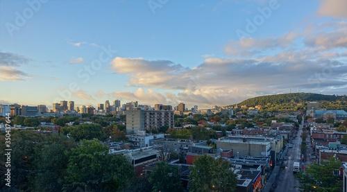 Wide view from the 10th floor of Mont Royal, the Plateau area, the Ville Marie area, and Down-Town. The north-east side of mount Royal. Perspective of Rachel street towards the mountain.