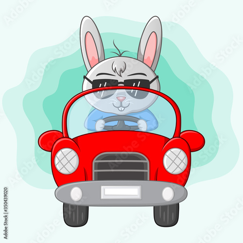 Cute rabbit cartoon driving a car