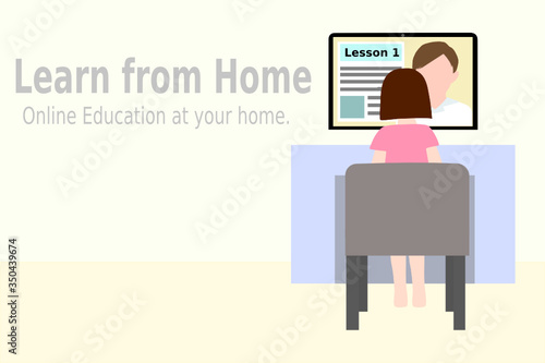 female kid is sitting in front of computer that has A man on the screen. Video conference. Learn from home concept. Distance and e-learning education. Online Technology. Quarantine and stay safe.
