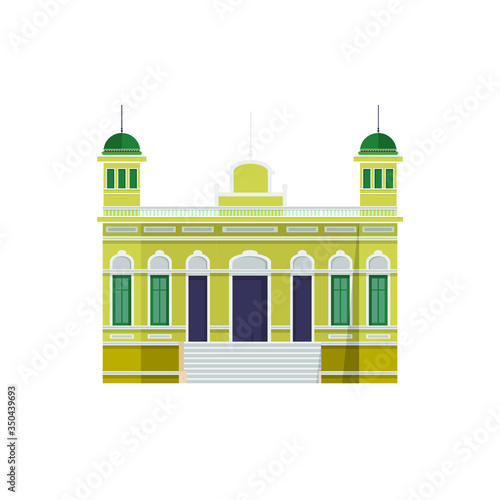 The vector of old yellow Gingerbread house architecture in Bangkok, Thailand. building with green windows and a green roof. Islamic mosque.