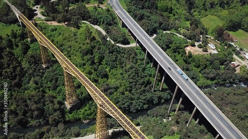 Aerial View of Historic Malleco Railway Viaduct and Pan American Highway Bridge, Chile, Collipulli photo