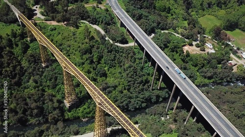 Aerial View of Historic Malleco Railway Viaduct and Pan American Highway Bridge, Chile, Collipulli