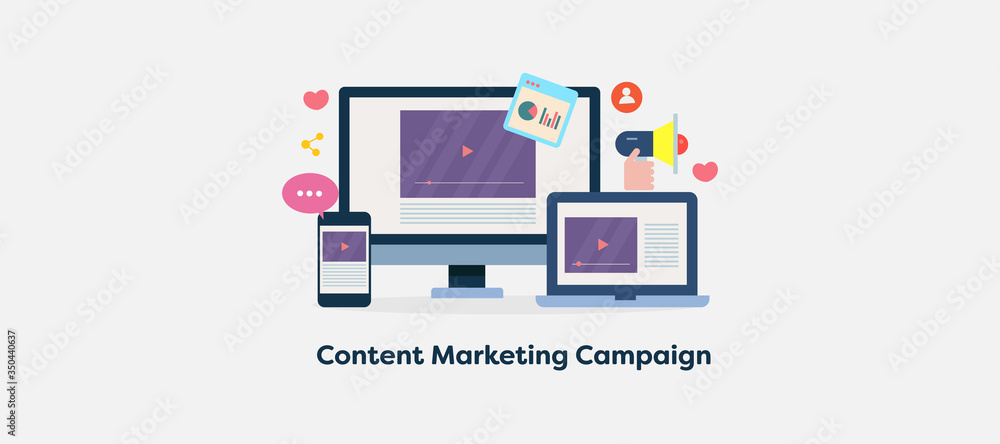 Content marketing campaign, video content displaying on mobile, laptop, desktop screen. Video advertising for digital media. Internet and technology web banner. Content marketing campaign, video content displaying on mobile, laptop, desktop screen. Video advertising for digital media. Internet and technology web banner.