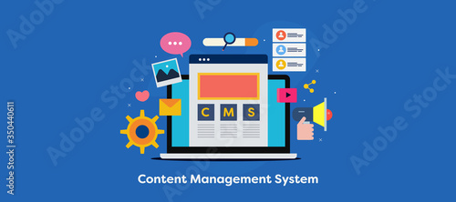 Content management system, cms software, business blogging application, website administration, manage digital content with application. Flat design cms web banner.