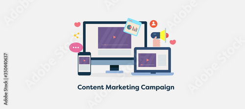 Content marketing campaign, video content displaying on mobile, laptop, desktop screen. Video advertising for digital media. Internet and technology web banner.
