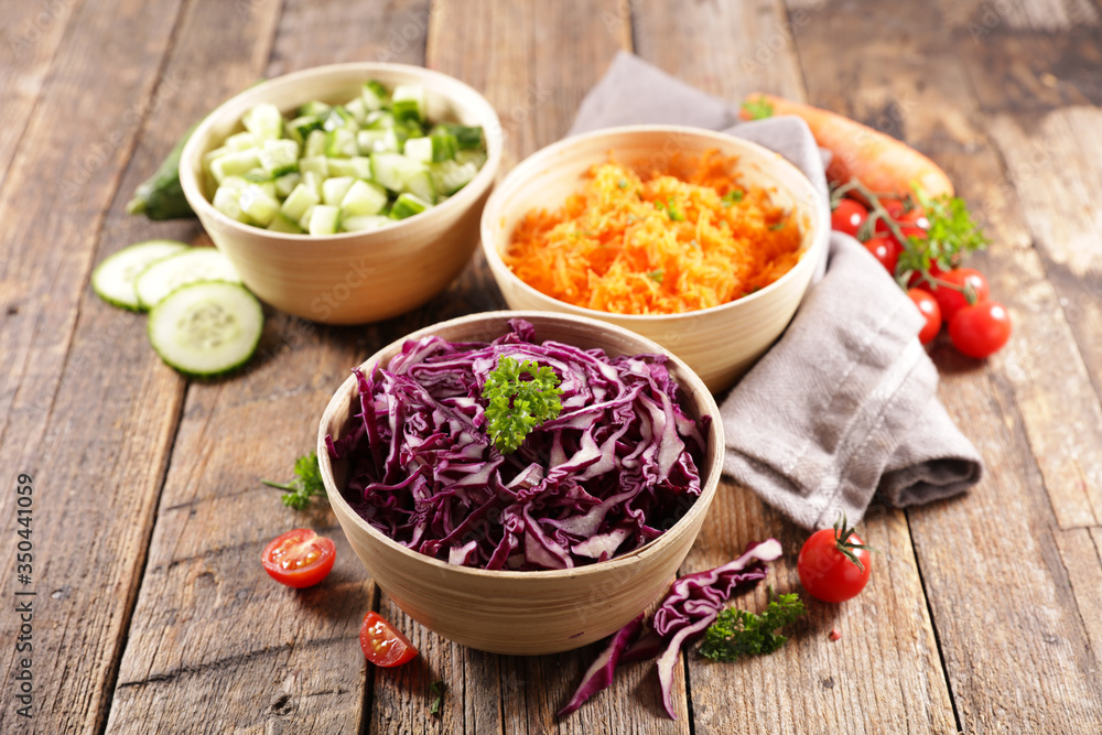 assorted of vegetable salad, cabbage, cucumber and grated carrot assorted of vegetable salad, cabbage, cucumber and grated carrot