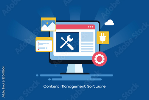 Content management software, online cms for business solution, blog settings, internet and technology concept. Flat design web banner with blue background.