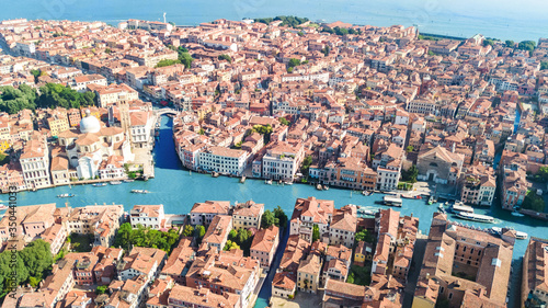 Venice city Grand Canal and houses aerial drone view, Venice island cityscape and Venetian lagoon from above, Italy 