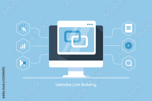 Seo link building - website optimization - digital marketing - backlink creation process. Flat design link building web banner. photo