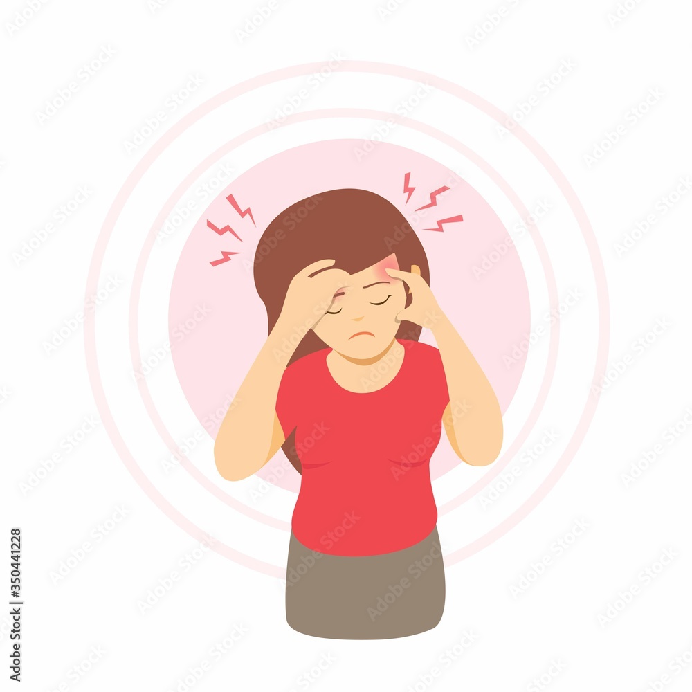 woman having headache, migrain pain. girl touching her temples suffering a headache. cartoon illustration vector isolated in white background woman having headache, migrain pain. girl touching her temples suffering a headache. cartoon illustration vector isolated in white background