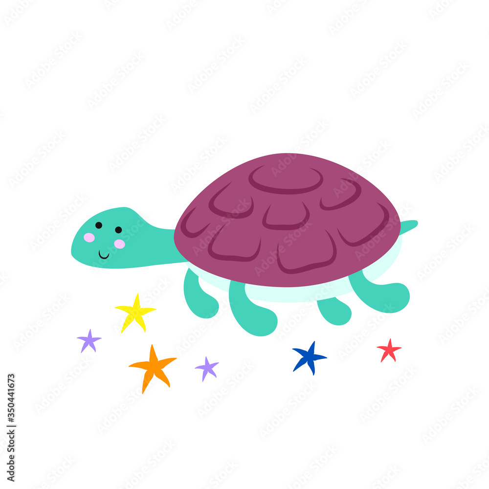 Fototapeta premium Cute cartoon turtle. Illustration for print on baby clothes, books and cards. Flat vector illustration isolated on white background.