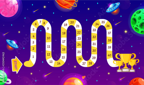 Space adventure game. Graphic user interface. Template for children's board game. Vector background with funny and cute planets.