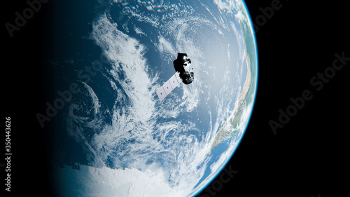 Fototapeta Naklejka Na Ścianę i Meble -  Satellite Orbiting Earth above Clouds near Antarctica in Space - NASA Satellite ICESat-2 Craft - 3D Rendering, Satellite model from NASA 3D Resources	