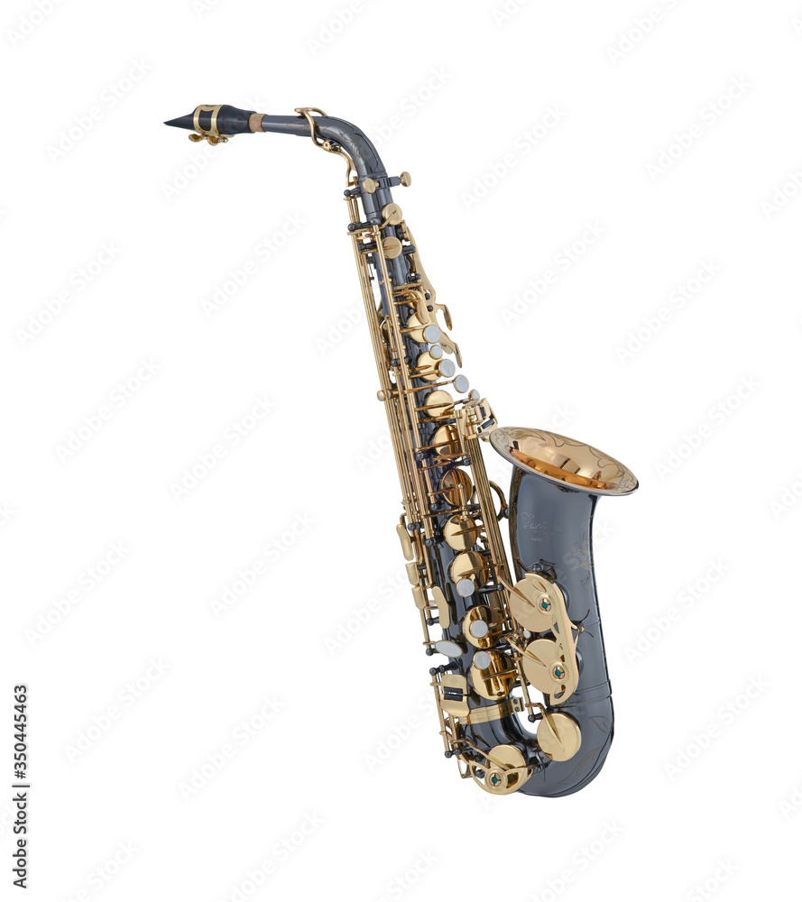 Naklejka premium Black Gold Alto Saxophone, Woodwind Music Instrument Isolated on White background