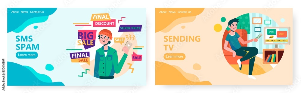 Hipster man get sms spam and marketing messages, sale and discount. Man watch tv shop, telemarketing concept illustration. Vector web site design template. Landing page website illustration Hipster man get sms spam and marketing messages, sale and discount. Man watch tv shop, telemarketing concept illustration. Vector web site design template. Landing page website illustration