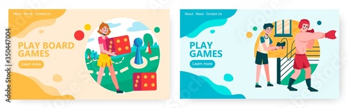 Girl plays board game and roll the dice. Guy uses controller to play boxing video game. Concept illustration. Vector web site design template. Landing page website illustration