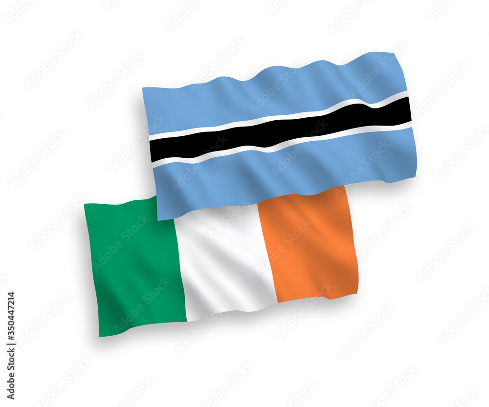 National vector fabric wave flags of Ireland and Botswana isolated on white background. 1 to 2 proportion. National vector fabric wave flags of Ireland and Botswana isolated on white background. 1 to 2 proportion.