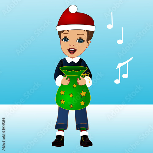 emoji with christmas carol boy singer begging for reward while holding a bag for treats or candies or other gifts, colored emoticon