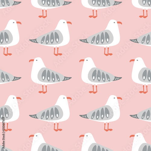 Seagull vector pattern design. Cute seamless repeat background of sea bird in pink  grey and orange.