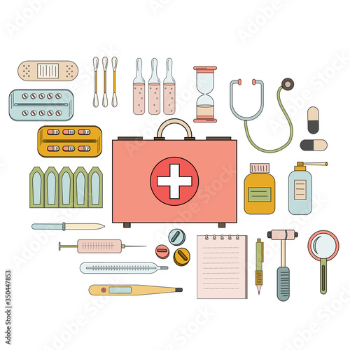 First aid kit and its contents medicines and medicines in Doodle style, color vector illustration, banner, icons, Diane