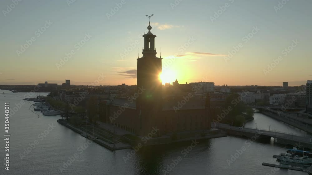 Aerial drone shot of Stockholm City Hall at sunset Aerial drone shot of Stockholm City Hall at sunset