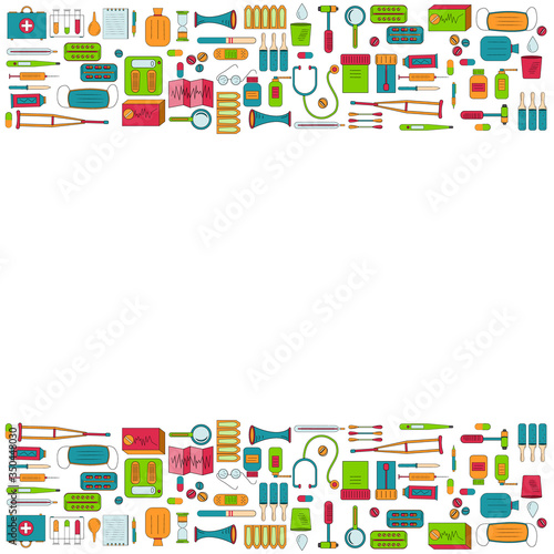 Border frame, set of medical instruments and medicines, white background, vector illustration, design