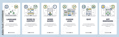 Distance language learning website and mobile app onboarding screens vector template