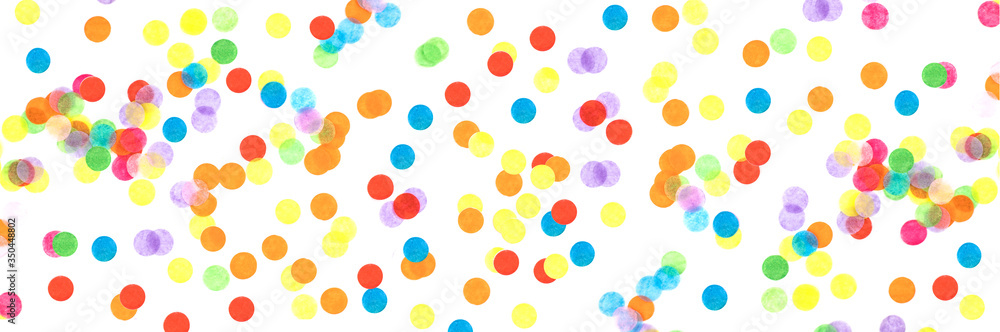 Banner made from multicolored confetti isolated on white background.