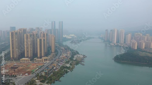 sunset light changsha city construction yard famous lakeside bay culture and arts centre traffic aerial panorama 4k china photo