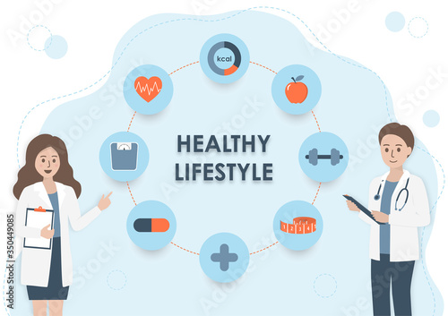 Nutritionist doctor or dietitian with stethoscope, clipboard and health icons on light blue background. Wellness healthy lifestyle, healthcare and nutrition diet plan concept. Flat vector illustration