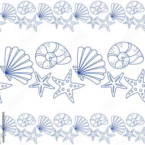 Seamless horizontal border with blue seashells and starfish on a white background. Vector design template for wallpaper  wrapping paper  packaging  printing on fabric  textile  clothes and bags