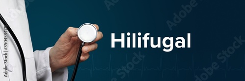 Hilifugal. Arzt (isoliert) hält Stethoskop in Hand. Begriff steht daneben. Ausschnitt vor blauem Hintergrund mit EKG. Medizin, Gesundheitswesen photo