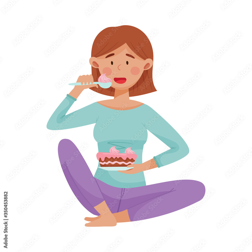 Sad Woman Sitting and Eating Cake to Reduce Stress Vector Illustration Sad Woman Sitting and Eating Cake to Reduce Stress Vector Illustration