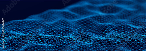Dynamic wave with connected dots and lines. Digital technology background. Concept of network. 3D Widescreen © Ihor