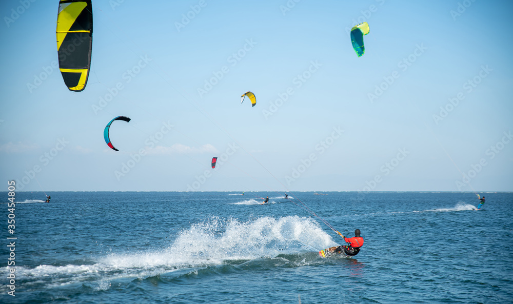 active water sports, kitesurf at sea in the lagoon