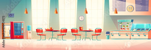 School cafe, university canteen, dining room with counter desk and trays, meals and beverages, tables with chairs, vending machines with snacks or drinks, menu and clock, Cartoon vector illustration