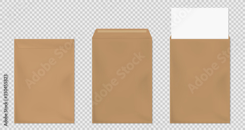 Brown envelopes A4 template set. Blank closed and open craft paper covers, vertical letter package with white sheet. Mock up of folder for business documents and messages, Realistic 3d vector mockup
