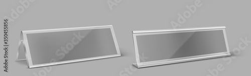 Table card holder, empty plastic name plate. Vector realistic mockup of transparent plexiglass stand for identification tag for events, clear acrylic frame for nameplate isolated on gray background