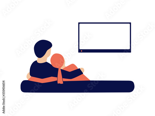 Embracing young married couple sitting on a couch and watching TV at home. Family, friends, relatives relax, spend time together. Vector flat isolated illustration. Back view. Empty TV frame for text