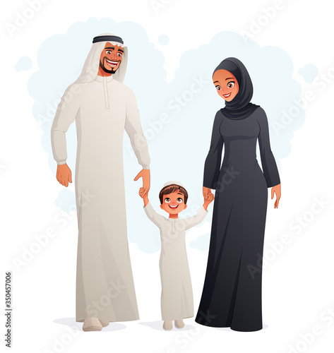 Happy Arab family holding hands and walking. Isolated vector illustration.