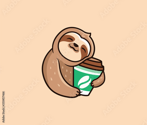 The logo funny sloth with coffee. Food logotype, cute animal sleep